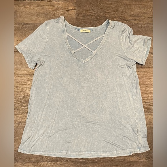 Blue Acid Wash Criss Cross V Neck T Shirt Blouse - Picture 4 of 9